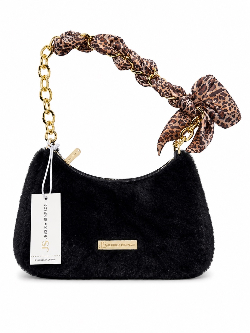 Jessica Simpson Black Faux Fur Shoulder Bag with Leopard Scarf Detail